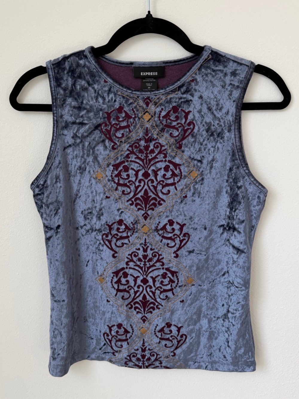 Express Velvet Tank in Slate Blue with Burgundy Burnout